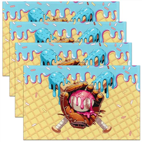 Ice Cream Drip Baseball Kids Placemats Set of 4,Baseball Bat Gloves Ball Sport Game Table Place Mats,Waffle Cake Biscuit Dessert Kitchen Decor,Macaron Placemat Kitchen Table Decoration 12"x18" - color: Macaron