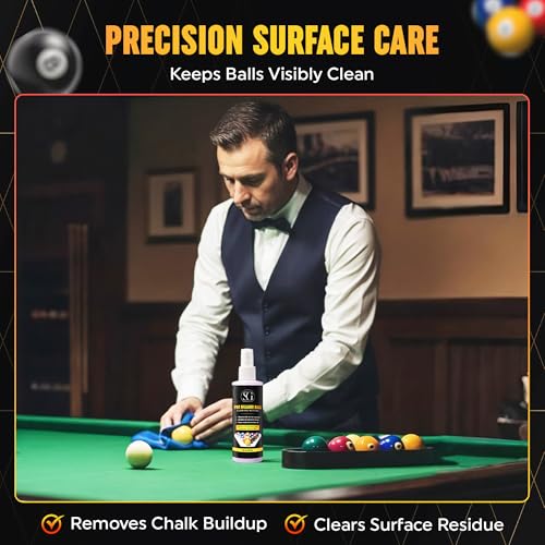 Billiard Ball Cleaner and Restorer with Cleaning Cloth - Pool Ball Cleaner for Consistent Roll, Billiard Ball Cleaner Spray for Professional Care - Removes Chalk Residue, Dust, Dirt, and Grime - 8 Oz