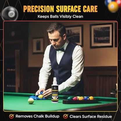 Billiard Ball Cleaner and Restorer with Cleaning Cloth - Pool Ball Cleaner for Consistent Roll, Billiard Ball Cleaner Spray for Professional Care - Removes Chalk Residue, Dust, Dirt, and Grime - 8 Oz
