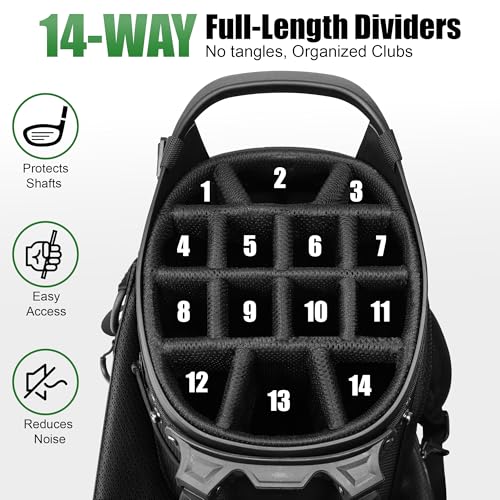 14 Way Full Length Dividers Golf Stand Bag, Lightweight Golf Bag with Stand for Men and Women Golf Club Carry Bag with Dual Strap & Rain Cover - color: Black Green