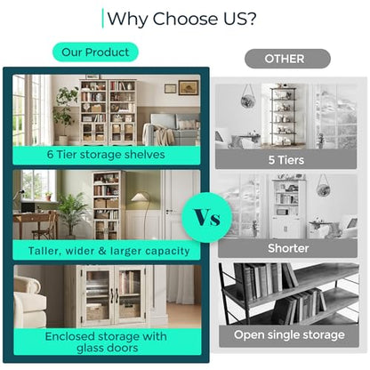 LINSY Bookshelf with Doors, 6 Shelf Bookcase Tall Bookshelves, 73" Farmhouse Book Shelf with Storage Cabinet, Wood Book Shelves for Living Room, Bedroom, Office, Rustic White - color: White