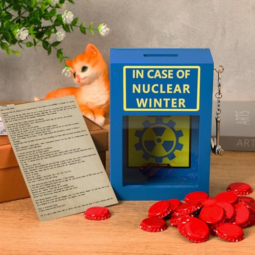 Nuclear Winter Bottle Cap Stash Box, 30 Red Caps Gag Gifts for Men | Post Apocalyptic Caps Saving Piggy Bank w/ Mini Hammer & Letter, Retro Blue Yellow Wood Decor for Wasteland Game Fans Adults - style: Nuclear Winter Emergency Box
