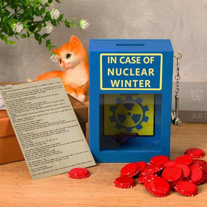 Nuclear Winter Bottle Cap Stash Box, 30 Red Caps Gag Gifts for Men | Post Apocalyptic Caps Saving Piggy Bank w/ Mini Hammer & Letter, Retro Blue Yellow Wood Decor for Wasteland Game Fans Adults - style: Nuclear Winter Emergency Box