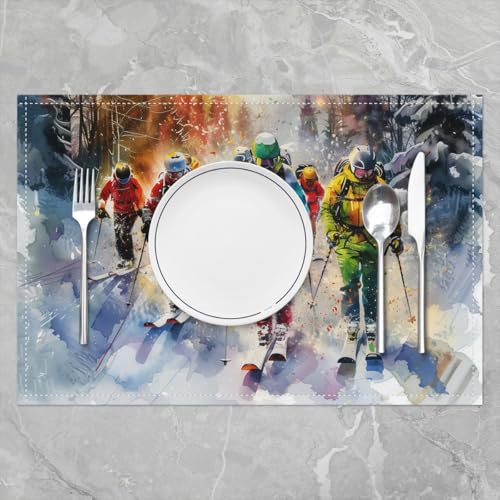 Erosebridal Skiing Sports 12x18 Inch Placemats Set of 4, Tree Snow Skiing Place Mat for Kids Boys Girl, Winter Snowboard Heat Resisting for Dining Kitchen Table, Woodland Mountain Table Mats - color: Golden White