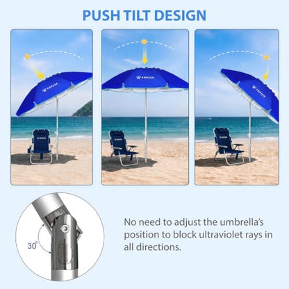 AMMSUN 6.5ft twice folded Portable beach umbrella with sand anchor windproof, Push Button Tilt and Air vent UPF 50+ Protection Fits in a large Suitcase for Patio Garden Beach Pool Backyard Blue - color: 6.5ft Blue