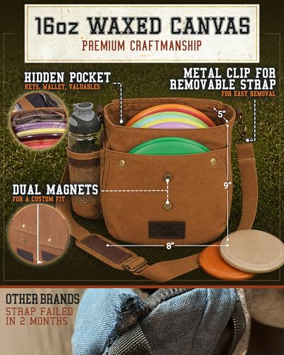Disc Golf Bag | Frisbee Golf Bag | Easy to Carry | Lightweight Fits Up to 10 Discs | 16 oz Waxed Canvas Sturdy Design | Belt Loop | Double Button Design | Bottle Holder - style: Waxed Canvas / Leather - Brown