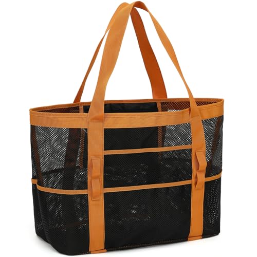 GYEUKHAM Mesh Beach Bag for Women, Sand-Resistant Pool Tote, 9 Pockets (1 Inner Zip), Foldable Family Travel Essentials - color: L-black2#