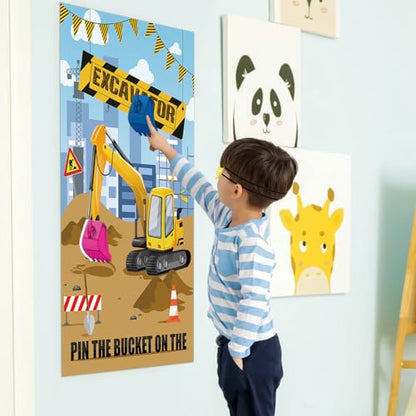 Hooqict Pin The Bucket on The Excavator Construction Party Games for Kids Birthday Pin the Games Construction Party Decorations Supplies, Large Excavator Poster with 32 Stickers - style: Excavator
