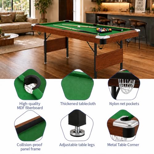 63.8 Inch Foldable Pool Table, No Assembly, Steel Folding Legs, 4-Point Leveling Feet, Complete Set — 16 Balls, Triangle, Chalk, Felt Brush - color: Green Felt+Wood Color Frame