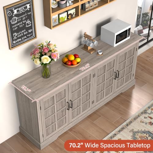 Bigbiglife 70.2" Wood Buffet Cabinet, Farmhouse Buffet Sideboard Cabinet with 4 Doors and Adjustable Shelves, Coffee Bar Wine Bar Storage Cabinet for Kitchen, Living Room, Grey - color: Grey