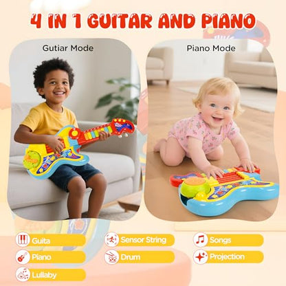 Toddler Guitar Toy 2-4 Years, 4-in-1 Kids Musical Toy with Piano & Projector, Light Up Music Instrument Toy for Toddlers, Learning Educational Toy Gift for 2 3 4 5 Year Old Girls Boys - color: Yellow
