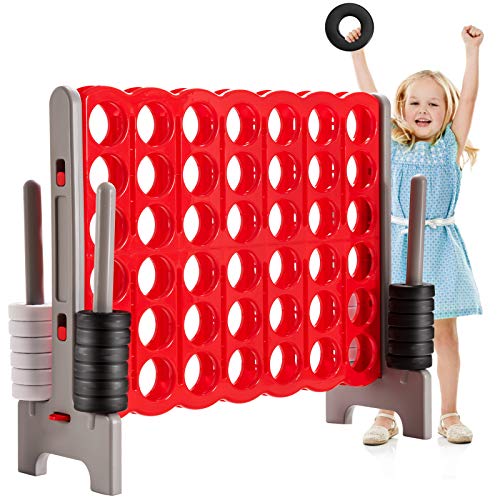 Costzon Giant 4-in-A-Row, Jumbo 4-to-Score Giant Game Set for Kids & Adults, Indoor Outdoor Yard Connect Game, 3.5FT Tall with 42 Jumbo Rings & Quick-Release Slider, Perfect for Family & Party Games - color: Red/Gray