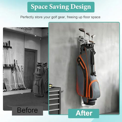 Wall Mount Golf Bag Storage Rack with Air Spring Sliding System, Heavy Duty Golf Bag Wall Mount Organizer for Garage, Space Saving Golf Bag Stand Holder for Clubs, Home & Basement Storage