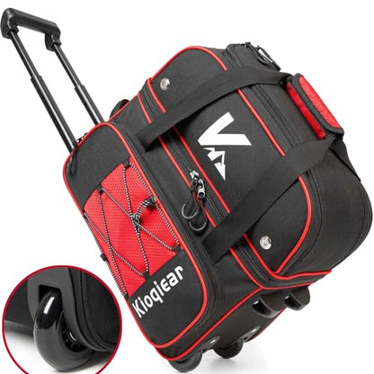 Double Roller 2 Ball Bowling Bag with Large Separate Shoe Compartment and Oversized Accessory Pocket, 36" Extendable Handle. - color: RED