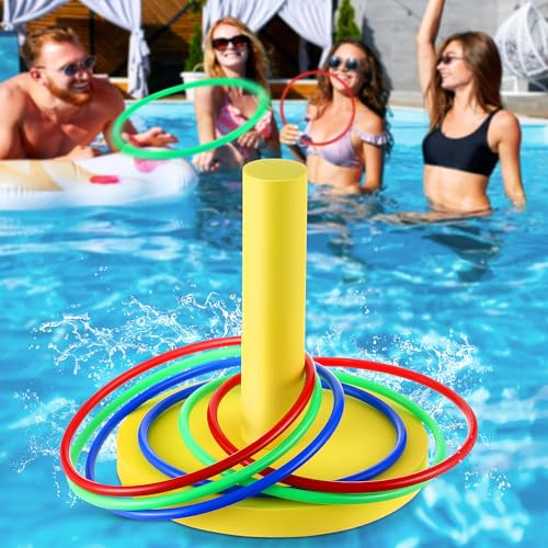 Hiboom Pool Ring Toss Games Toys, Swimming Pool Games for Adults and Family with 6 Pcs Throwing Rings, Water Foam Toss Float Toys for Summer Outdoor, Beach, Yard, Party (Bright Yellow Base) - style: Bright Yellow Base