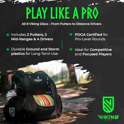 Viking Discs Conqueror Disc Golf Set - 8 Disc Golf Discs for Any Distance, PDGA Approved - Putter, Mid-Range, Fairway Driver, Distance Driver - Disc Set for Beginners and Professionals