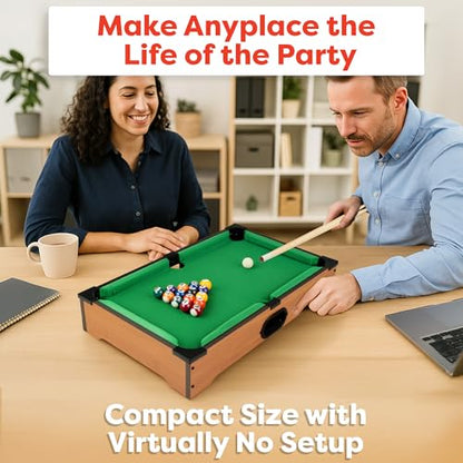 Mini Pool Table - 20-Inch Portable Tabletop Billiards Game with Cue Balls, Sticks, Chalk, Brush, and Triangle Rack - Table Games by Hey Play