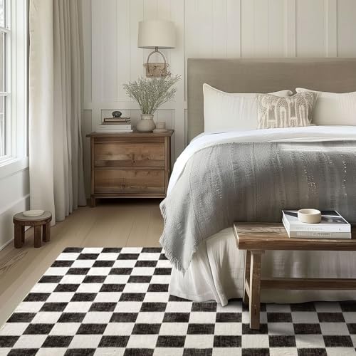 EVERGRACE Checkered Plaid Area Rug 5x7, Soft Faux Wool Rugs Washable Anti Slip Rugs Large Rug Carpet for Entryway Bedroom Living Room Hallway Kitchen Dining Room and Laundry Room, Black - color: Black, size: 5' x 7' (Rectangular)