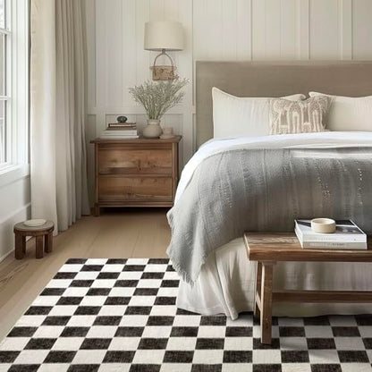 EVERGRACE Checkered Plaid Area Rug 5x7, Soft Faux Wool Rugs Washable Anti Slip Rugs Large Rug Carpet for Entryway Bedroom Living Room Hallway Kitchen Dining Room and Laundry Room, Black - color: Black, size: 5' x 7' (Rectangular)