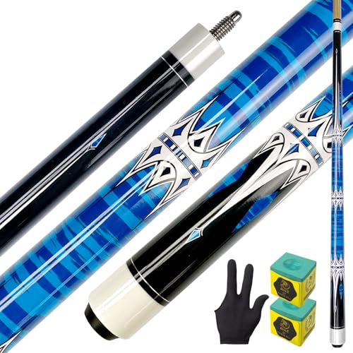57 Inch Pool Cue Stick - 13mm Fiber Ferrule Tip, Maple Birch Wood Billiard Cue with Chalk & Glove | Explosion-Proof Joint for Home, Bar, Billiard Hall - style: Maple Birch Wood Billiard Cue-Blue