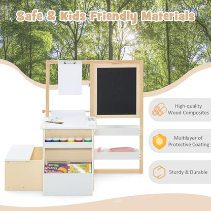 INFANS 3 in 1 Kids Art Table and Chair Set, Toddler Craft and Play Wood Activity Desk with Double-Sided Easel Blackboard Whiteboard, Paper Roll for Writing, Children Furniture for Daycare Nursery - style: Natural