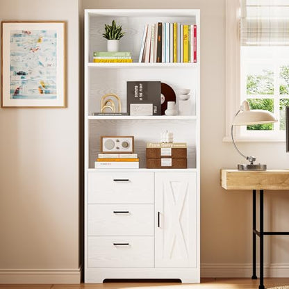 IRONCK Bookshelf with Doors and 3 Drawers 71 in Tall Bookcase with 3-Tier Shelves, Industrial Book Shelf with Storage for Living Room Entrance Hallway Home Office, White - color: White