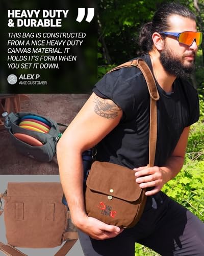 Disc Golf Bag | Frisbee Golf Bag | Easy to Carry | Lightweight Fits Up to 10 Discs | 16 oz Waxed Canvas Sturdy Design | Belt Loop | Double Button Design | Bottle Holder - style: Waxed Canvas - Brown