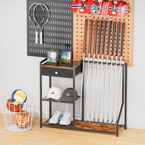 Large Golf Putter Stand, Golf Club Holder for 9 Clubs and 9 Balls Storage, Wood & Metal Golf Club Organizer, Golf Equipment Display Rack for Indoor Home Basement Garage, Club Simulator, Black