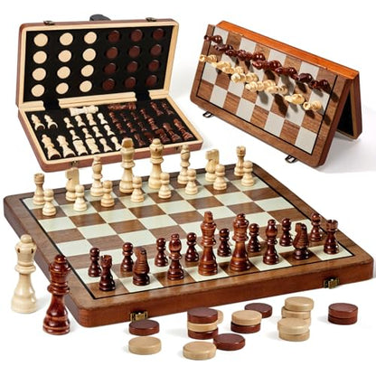 MerryPony 2 in 1 Magnetic Wooden Chess and Checkers Set, 15" Foldable Chess set for Adults & Kids, Chess Board with 2 Extra Queens, Travel Chess Set with Pieces Storage Slots, Ideal Chess for Beginner
