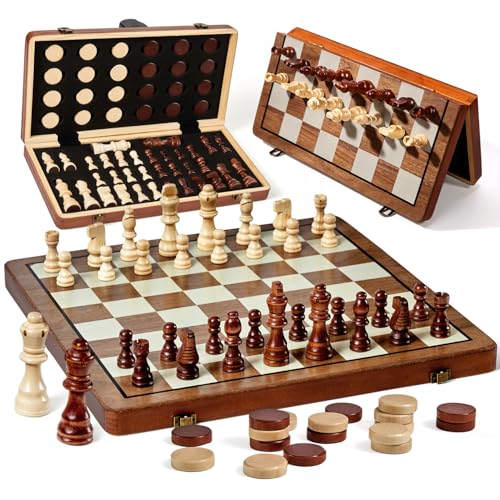 MerryPony 2 in 1 Magnetic Wooden Chess and Checkers Set, 15" Foldable Chess set for Adults & Kids, Chess Board with 2 Extra Queens, Travel Chess Set with Pieces Storage Slots, Ideal Chess for Beginner