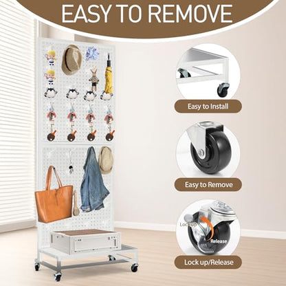Eastern Tree Metal Pegboard Display Stand 2'x 5'with Base Plate, Pegboard Panels Display with Wheels, Peg Board Display Rack, Standing Pegboard Display with 30 Hooks - White - color: White