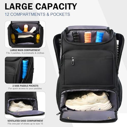 Pickleball Bag Backpack Fits 4+ Paddles, Large Pickle ball Bags for Men and Women with Shoe Compartment and Fence Hook, Great Pickleball Gifts