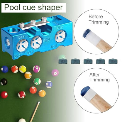 11-in-1 Pool Cue Tip Repair kit, Professional All-in-One Pool Stick Tip Tool for Shaping, Replacement, Maintenance. Tips Shaper & Scuffer kit, Pool Cue Trimmer (Blue Aluminum)