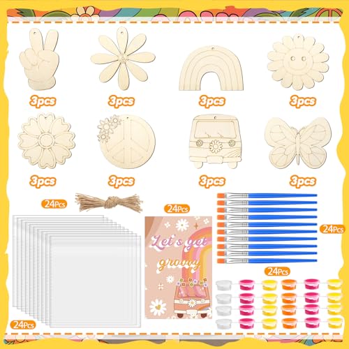 Saypacck 24 Pcs Groovy Boho Hippie Party Favors Wooden Painting Craft Kits Birthday Party Supplies with Organza Bag for Goodie Bags Fillers Adult Thank You Gifts - style: Modern