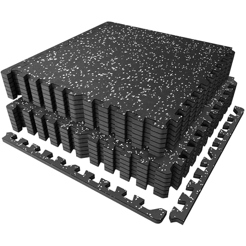 PRAISUN 0.56" Rubber Top Gym Flooring, Heavy Duty Interlocking Gym Mats for Home Gym, Non-Slip Workout Mat, 24 x 24in Large Gym Floor Mat, Protect Floors from Weights & Equipment, 48 Sq Ft, Black/Grey - size: 12 Tiles (48 Sq Ft)