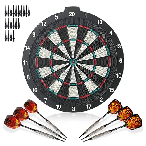 18 Inch Soft Tip Dart Board for Adults, Staple-Free Plastic Surface with 6 Aluminum Darts & 20 Extra Tips, Indoor/Outdoor Game Room Bar Dartboard Set