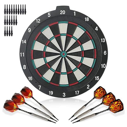 18 Inch Soft Tip Dart Board for Adults, Staple-Free Plastic Surface with 6 Aluminum Darts & 20 Extra Tips, Indoor/Outdoor Game Room Bar Dartboard Set