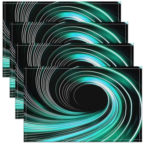 Erosebridal Teal Black Abstract Placemats - 3D Swirl Print Geometric Art Place Mat Set of 4, Striped Circle Table Mats 12x18 Inch for Kids Boys Girls, Video Game Table Decor for Party Kitchen - color: Teal White Black
