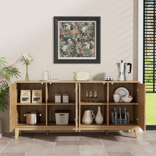 UEV Buffet Cabinet, 63" Modern Sideboard with Black Water Stream Pattern, Kitchen Storage Cabinet with 4 Doors & Shelf, Wood Credenza for Dinning Room, Living Room - color: Natural and Black
