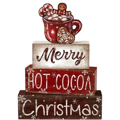 DIYDEC 4Pcs Christmas Wooden Tabletop Decoration Hot Cocoa Wooden Block Signs Gift Rustic Xmas Tiered Tray Decor Merry Christmas Centerpiece Sign Farmhouse Winter Table Home Party Decor - style: Hot Cocoa