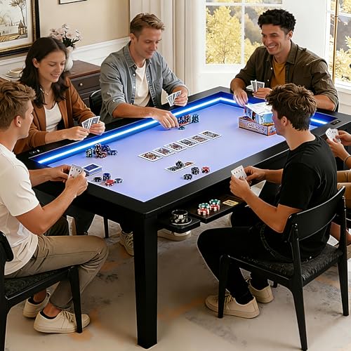 Haddockway Solid Wood Board Game Table with Colorful Led Lights, Dining/Gaming Table for 4-6 Players with Charge Station,Removable Top, Play Mat, 6 Cup Holders & Trays (Black) - color: Solid Wood Black With Led Light