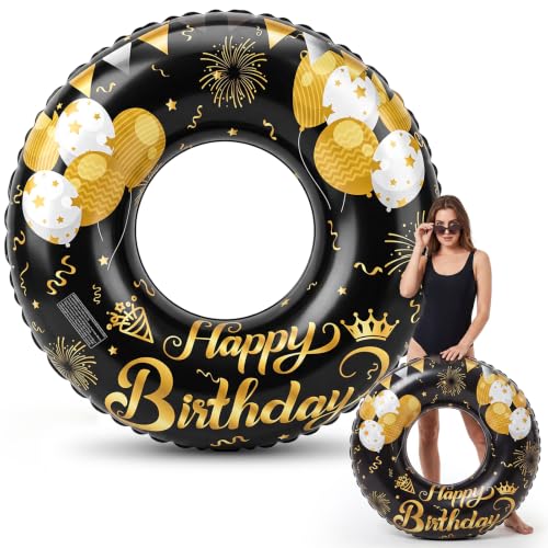1 Pcs Happy Birthday Inflatable Pool Float Tube 47.24 Inches Jumbo Swim Ring Birthday Party Swimming Pool Float Summer Water Decorations Party Supplies for Adults - color: Black Gold
