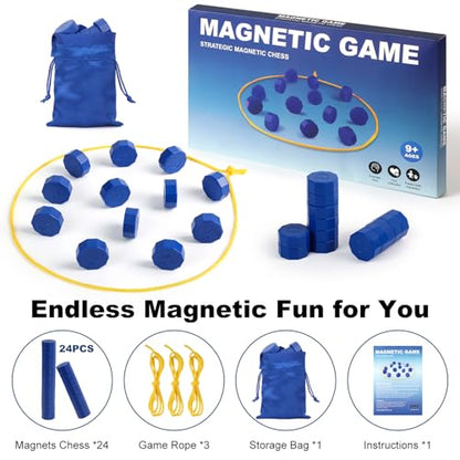 Magnetic Chess Game with 24 Full-Size Stones, Magnet Game with 3 String & Portable Storage Bag, Strategy Board Game for Family Game Night, Indoor Outdoor Use for Kids Adults
