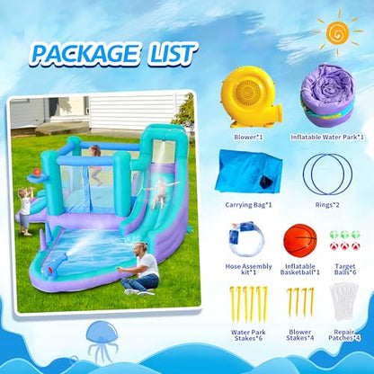 Inflatable Bounce House Water Slide, 141 x 138 x 78 Inches Blow Up Water Slides, Splash Pool, Basketball, Ring Toss Game, Target Balls, Water Cannon, Climbing Wall, Blower Included