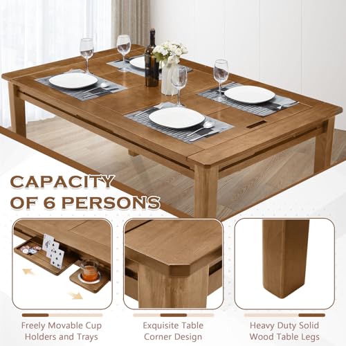 Haddockway 63" ×39“ Board Game Table with Removable Top, Solid Wood Dining/Gaming Table for 4-6 Players with Play Mat, 6 Detachable Cup Holders & 6 Hobby Trays (Light Walnut) - color: Light Walnut