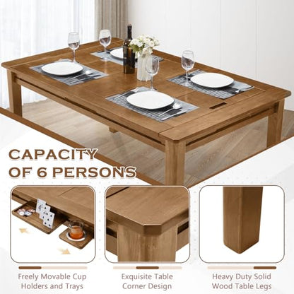 Haddockway 63" ×39“ Board Game Table with Removable Top, Solid Wood Dining/Gaming Table for 4-6 Players with Play Mat, 6 Detachable Cup Holders & 6 Hobby Trays (Light Walnut) - color: Light Walnut