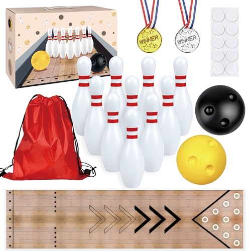 Mini Bowling Set Indoor Outdoor Indoor Bowling Set with Guide Arrow Mat Gold and Silver Medal Backpack Dispensing Suitable for Family Friends Family Party Entertainment