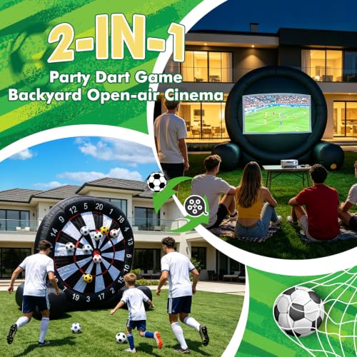 10FT 2-in-1 Inflatable Soccer Dart Board for Adult with Built-in Electric Blower, Dual Use Kick Dart Game & Backyard Outdoor Movie Projection Screen,20+ Game Modes for Yard Party Carnival