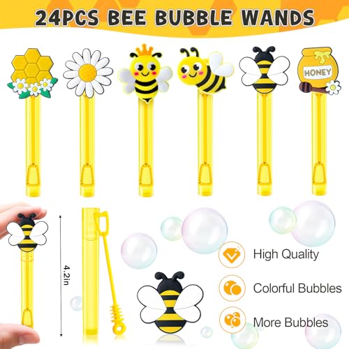 Winrayk Bee Party Favors, 24Pcs Bee Themed Mini Bubble Wands for Kids Bubbles Bulk with Detachable Topper (6 Styles & Colors), Birthday Gift Easter Goody Bag Stuffer Classroom Prizes Honey Party Favor - style: Bee