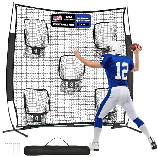7x7ft/8x8ft Football Throwing Net, Quarterback Training Equipment with 5 Target Pockets, Includes Football, Portable Carry Bag - color: Black, size: 7x7ft